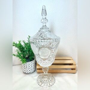Rose Collection Brilliant Hand Cut Lead Crystal Pedestal Compote w Lid | EUC